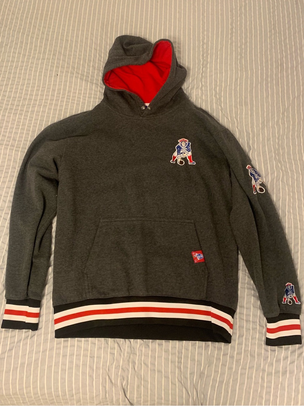 New England Patriots NFL Pat Patriot Red Gray Hooded Pullover with White Trim